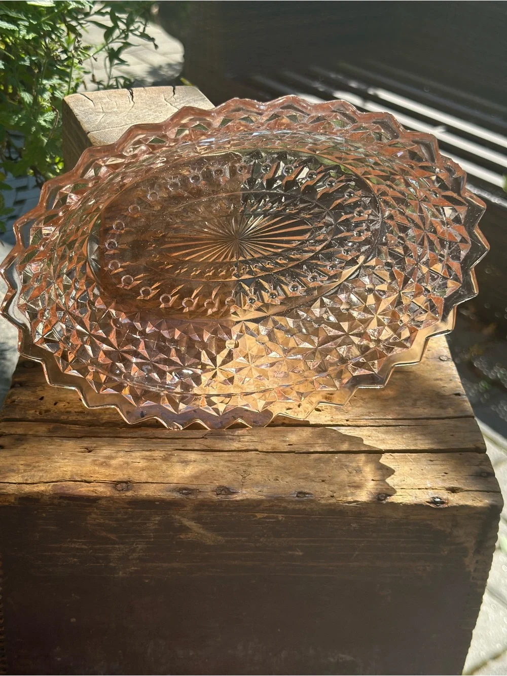 Vintage Pink Pressed Glass Oval Serving Bowl Scalloped Sawtooth Edge